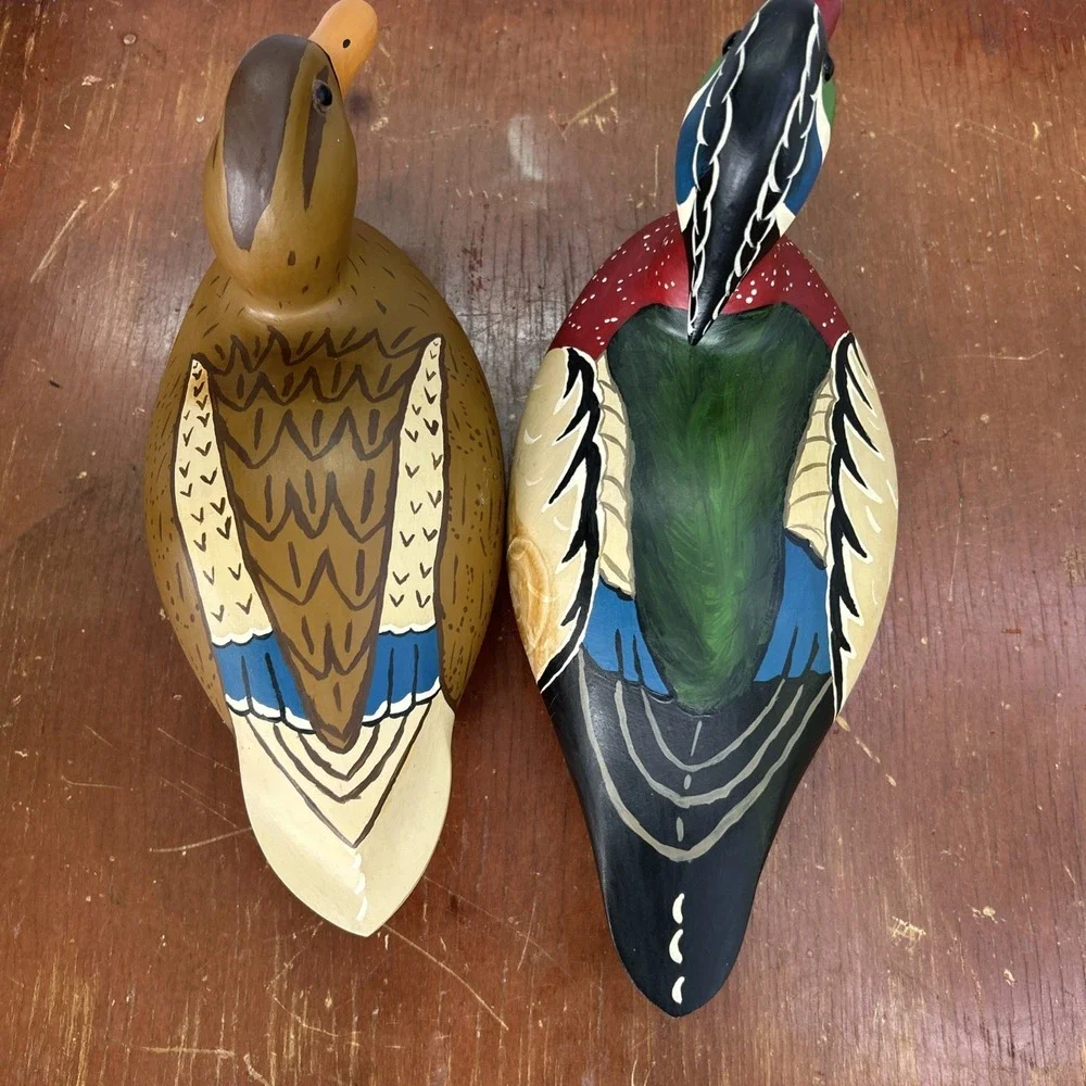 Vintage Hand Carved Wood Duck Decoy Pair Drake Hen Hand Painted Folk Art